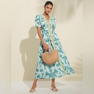 ADOR Teal White Abstract Print Puff Sleeve V-Neck Smocked Back Midi Dress Medium